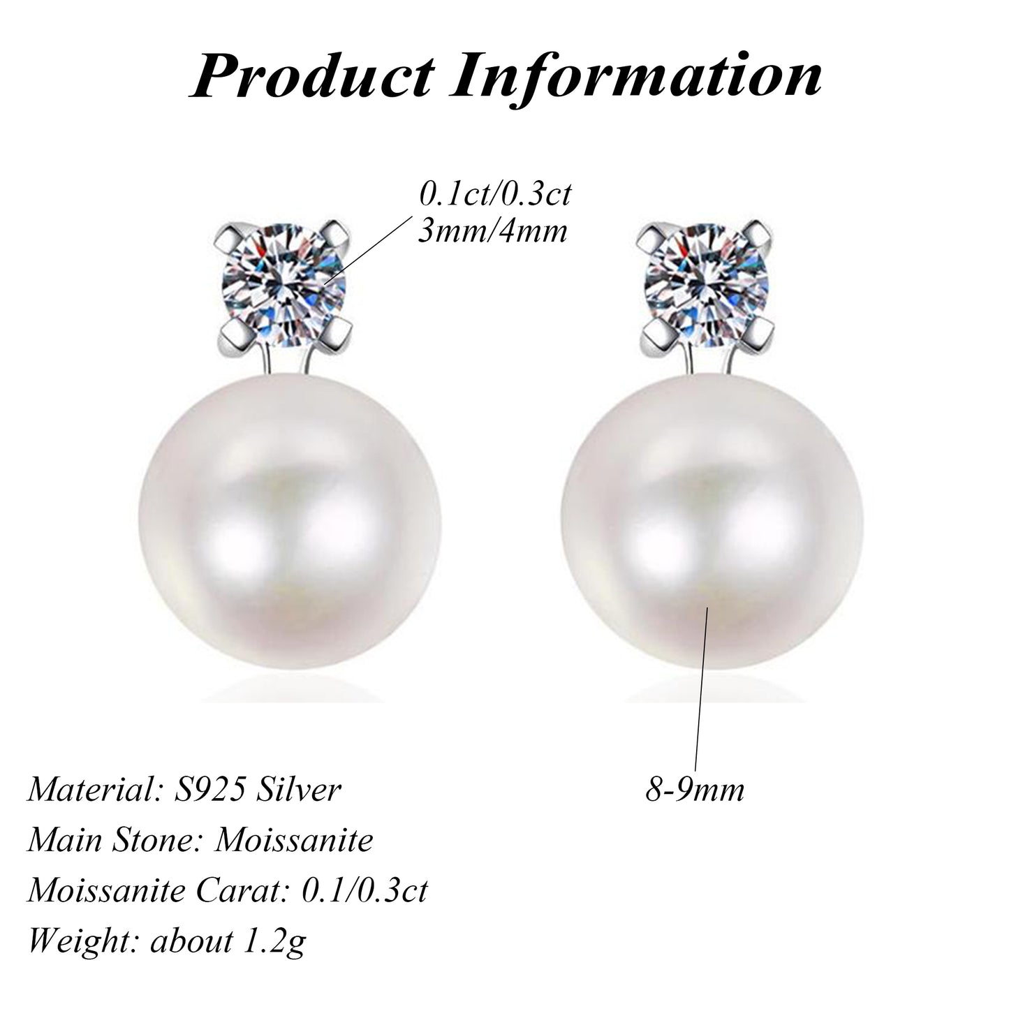 Elegant Freshwater Pearl Round Cut Moissanite Earrings 925 Sterling Silver 0.1ct/0.3ct