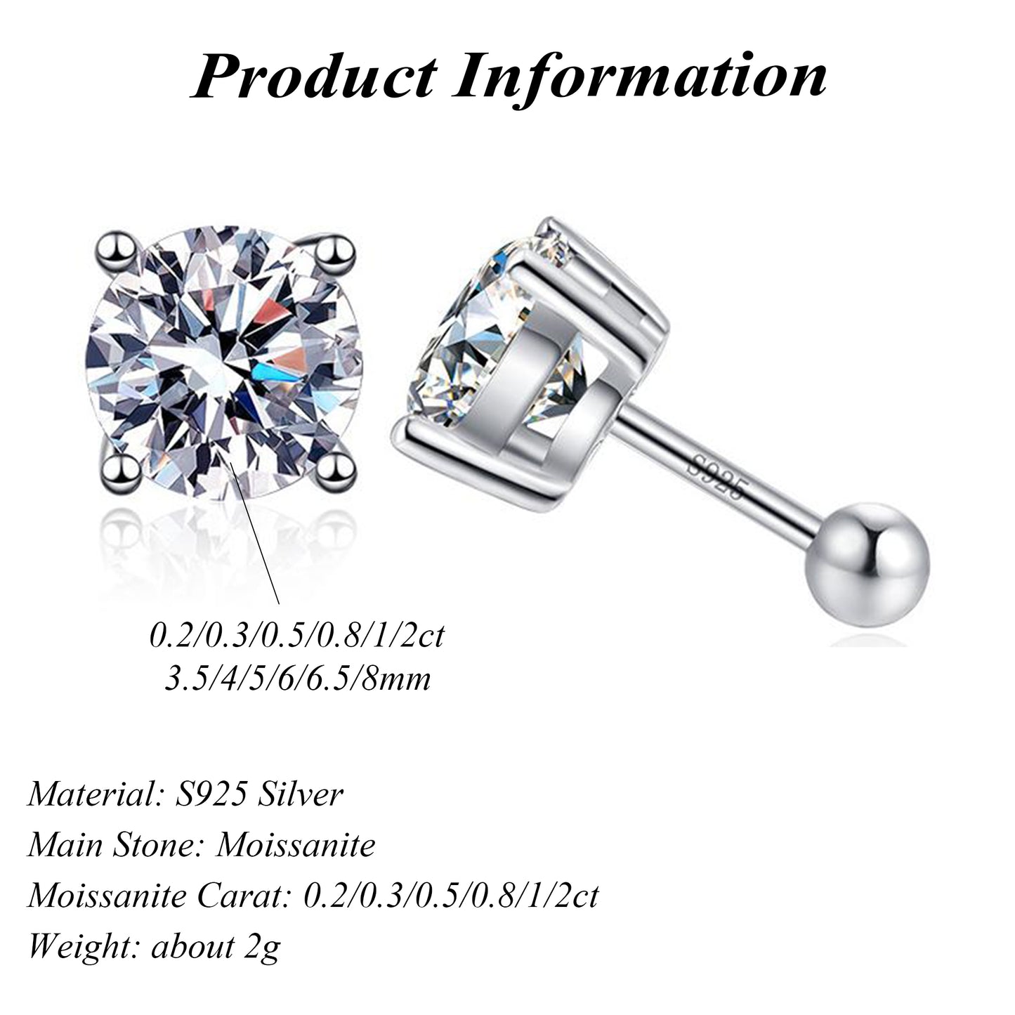 Rhodium Plated DEF Round Cut Moissanite 925 Silver Stud Earrings