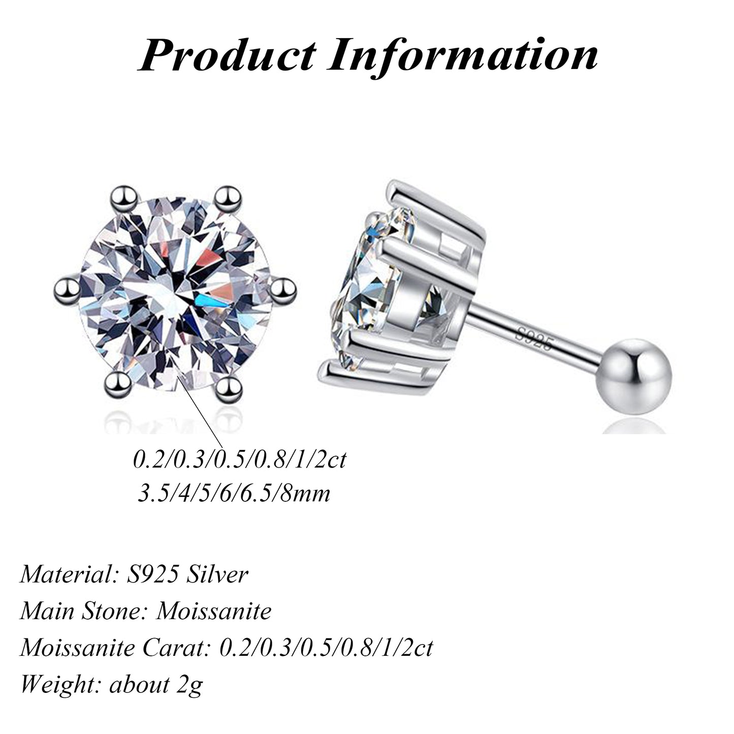 S925 Sterling Silver Screw Earrings Classic Six Claws Round Cut Moissanite