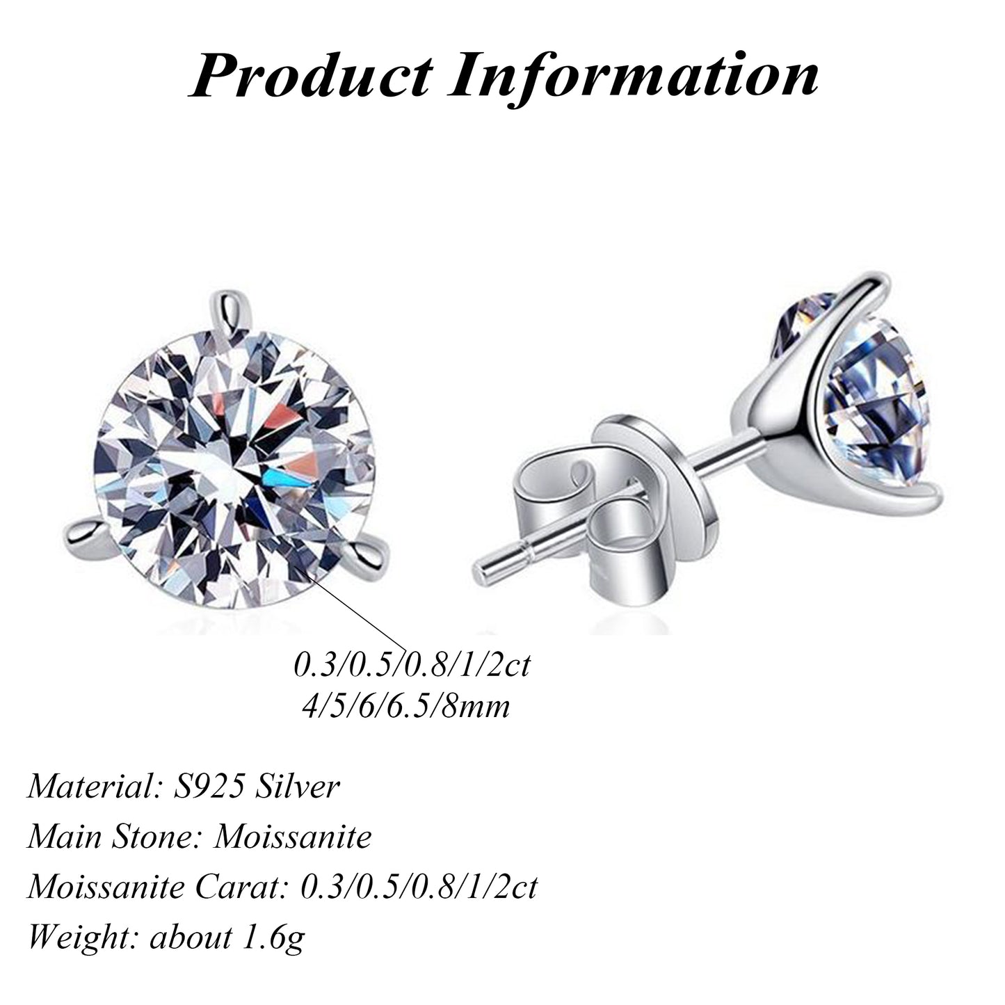 Three Claw Stud Earrings Round Cut Moissanite Earrings 925 Sterling Silver