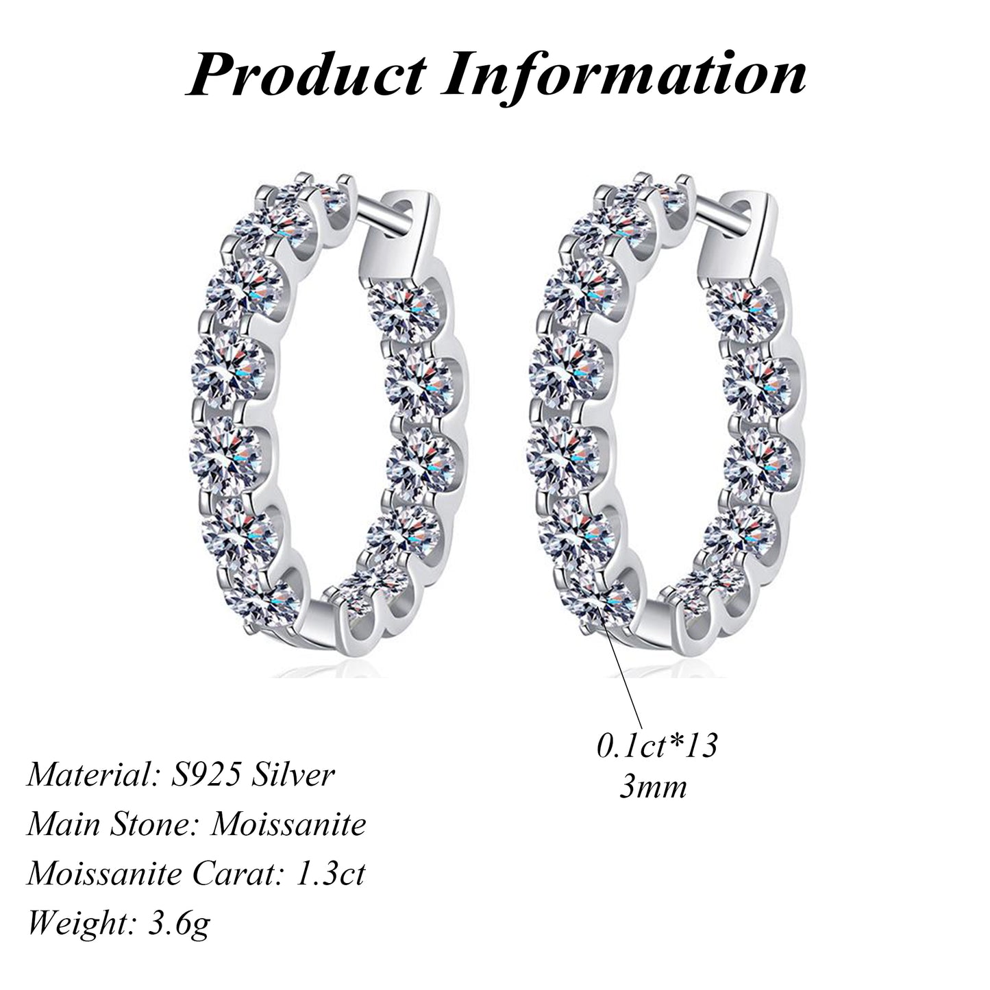 S925 Sterling Silver Round Cut Moissanite Hoop Earrings D Color 1.3ct