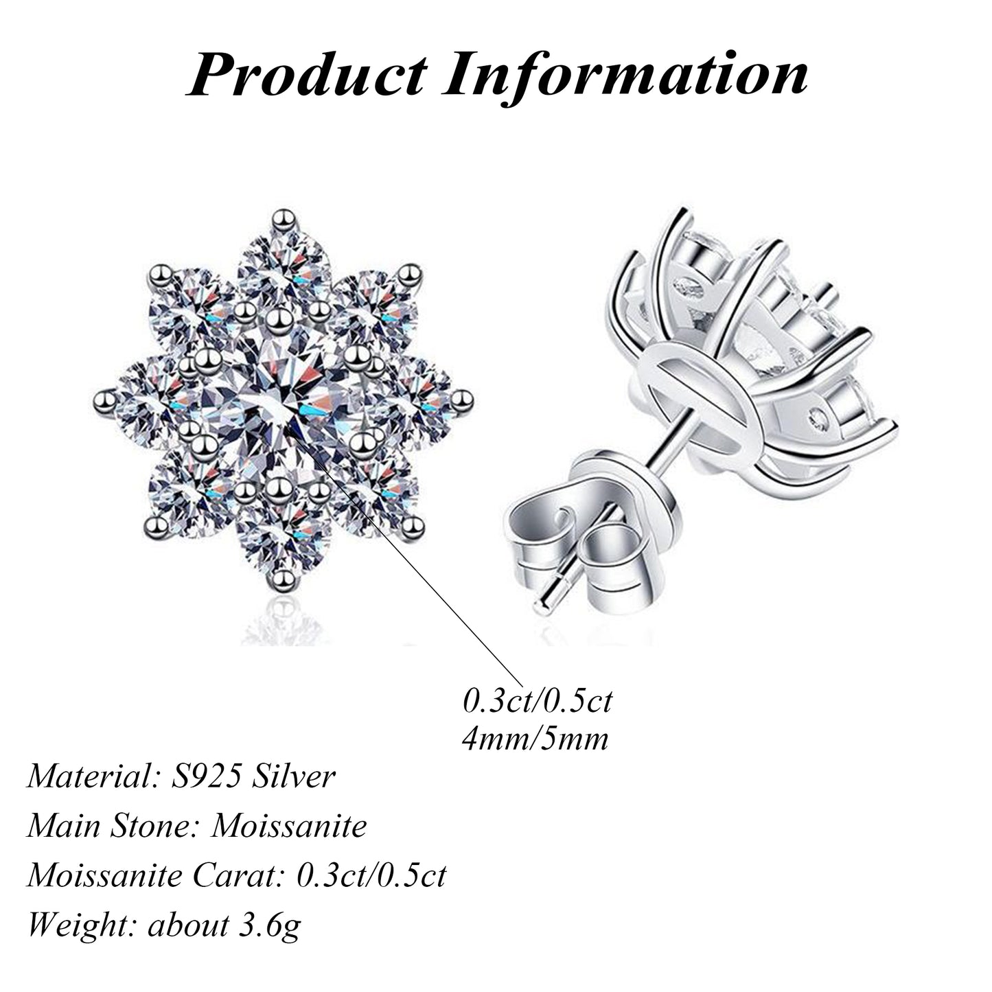 Sunflower Sterling Silver D Color Round Cut Moissanite Earrings 0.3ct/0.5ct