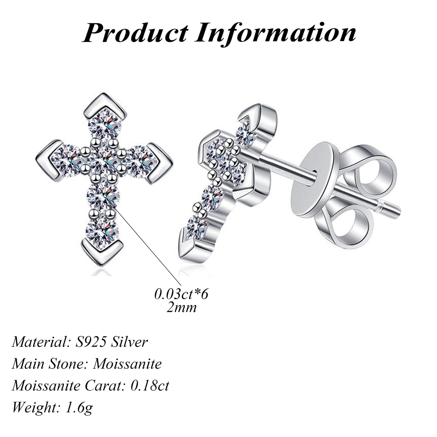 S925 Sterling Silver Classic Cross Moissanite Stud Earrings 0.18ct