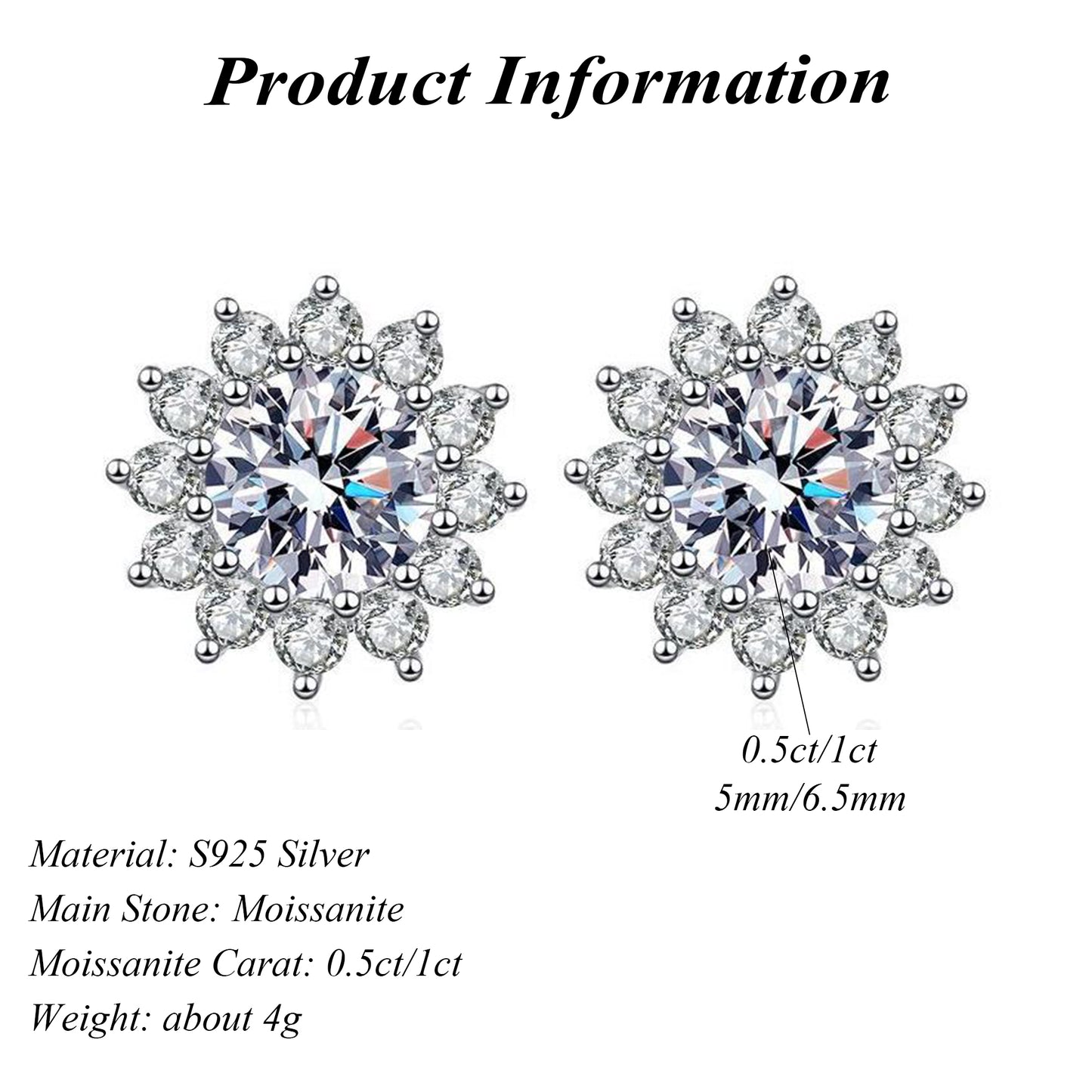 Wholesale S925 Sterling Silver Earrings Sunflower Round Cut Moissanite Trendy Earrings Female 0.5ct/1ct