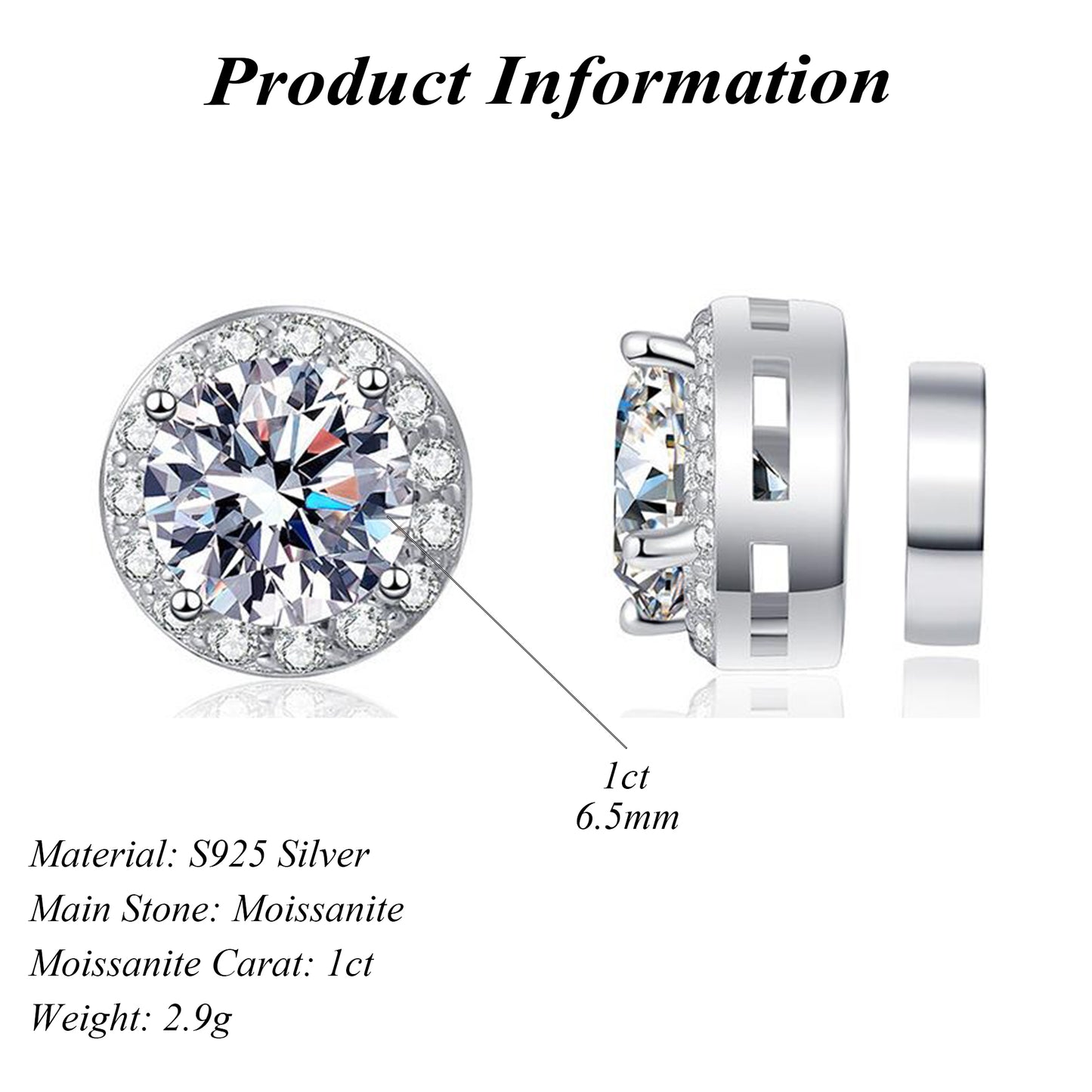 925 Sterling Silver Non-piercing Magnetic Moissanite Earrings Rhodium Plated 1ct