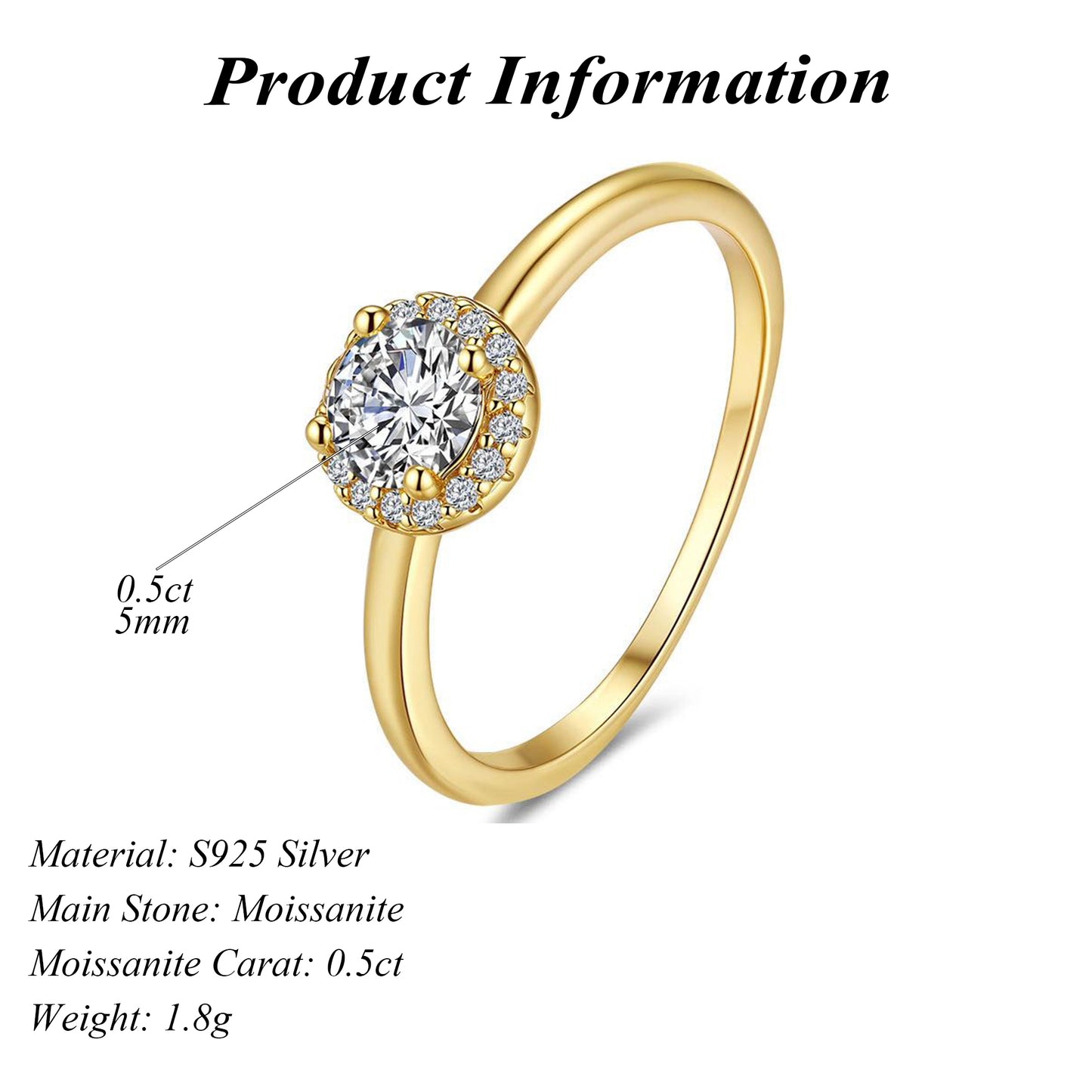 14K Gold Plated S925 Silver Moissanite Engagement Ring 0.5ct Round Cut Halo Setting