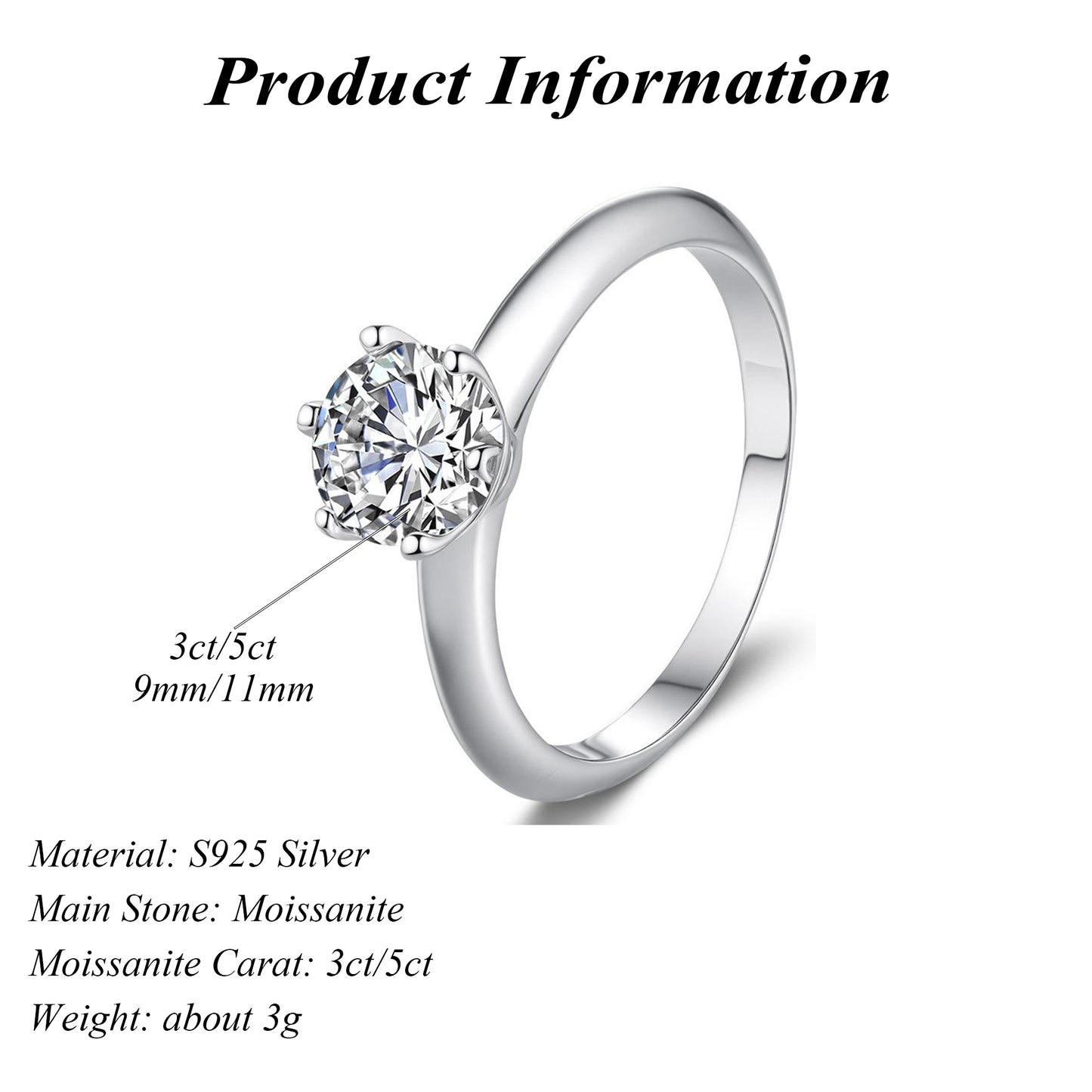 S925 Silver Six Claw Crown Proposal 3ct/5ct Round Cut Moissanite Ring