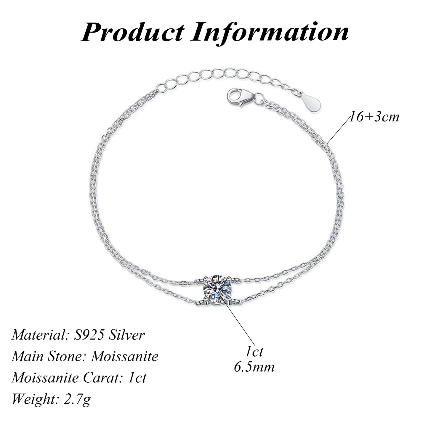 Round Cut Moissanite S925 Sterling Silver Double Layer Bracelet