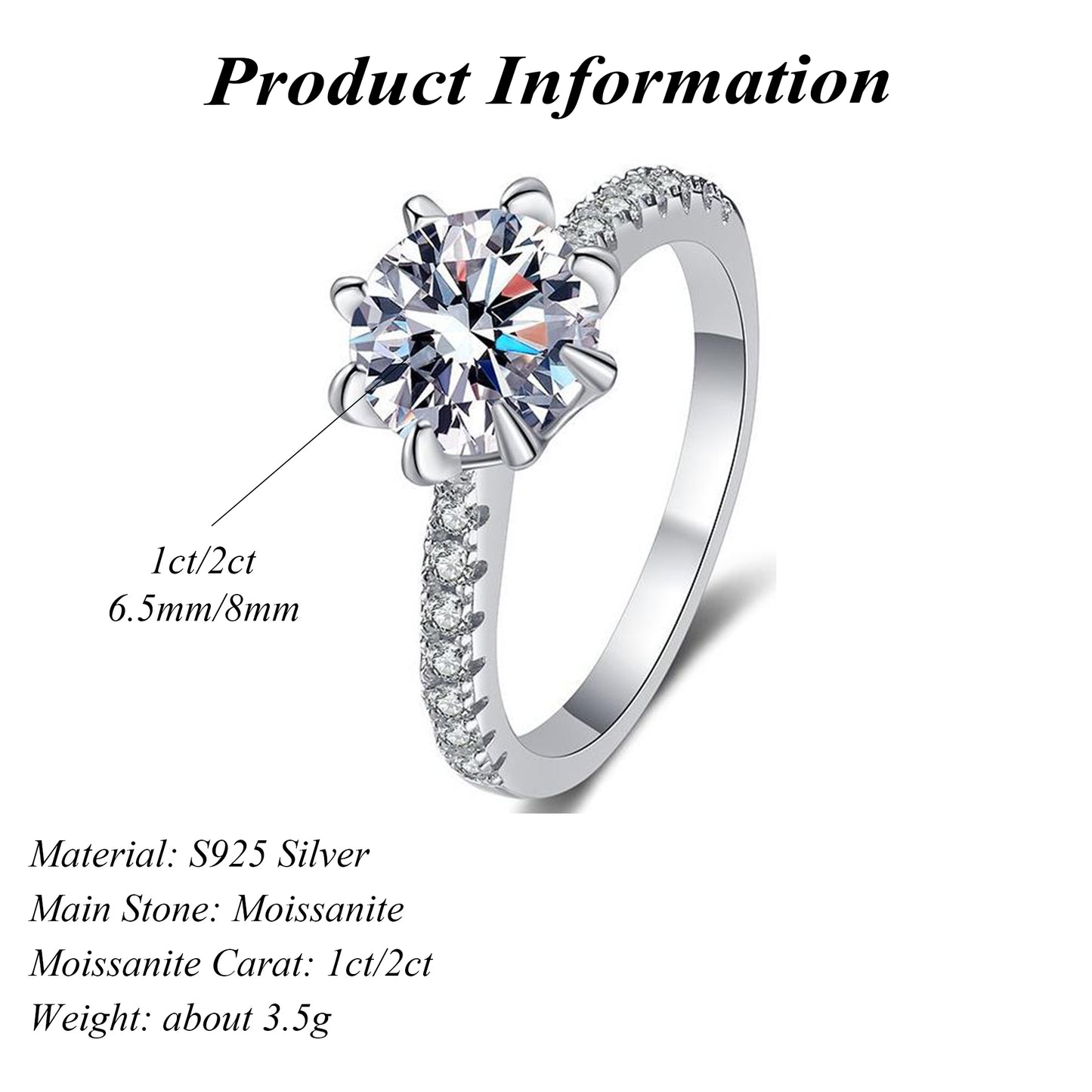 S925 Sterling Silver Round Cut Moissanite Wedding Ring 1ct/2ct