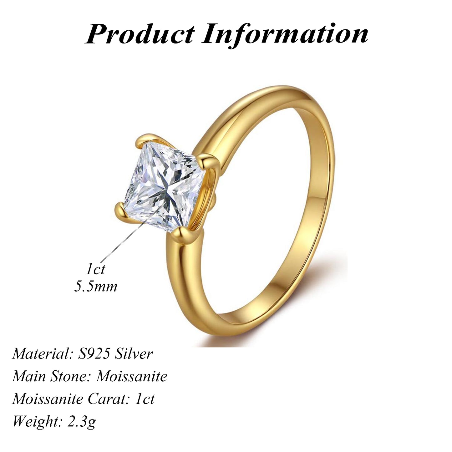 14K Gold Plated S925 Silver 1ct Solitaire Princess Cut Moissanite Ring for Wedding