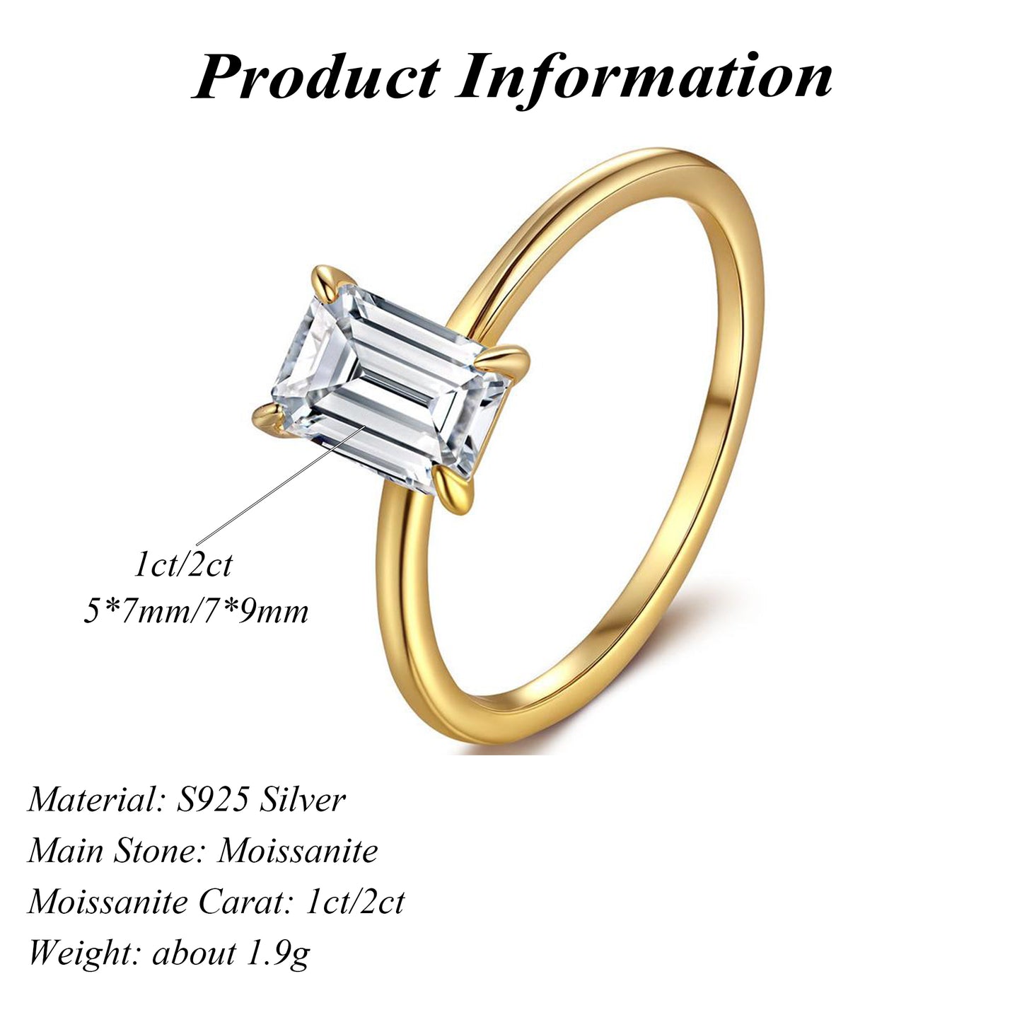 14K Gold Plated S925 Silver 1ct/3ct Emerald Cut Moissanite Proposal Ring