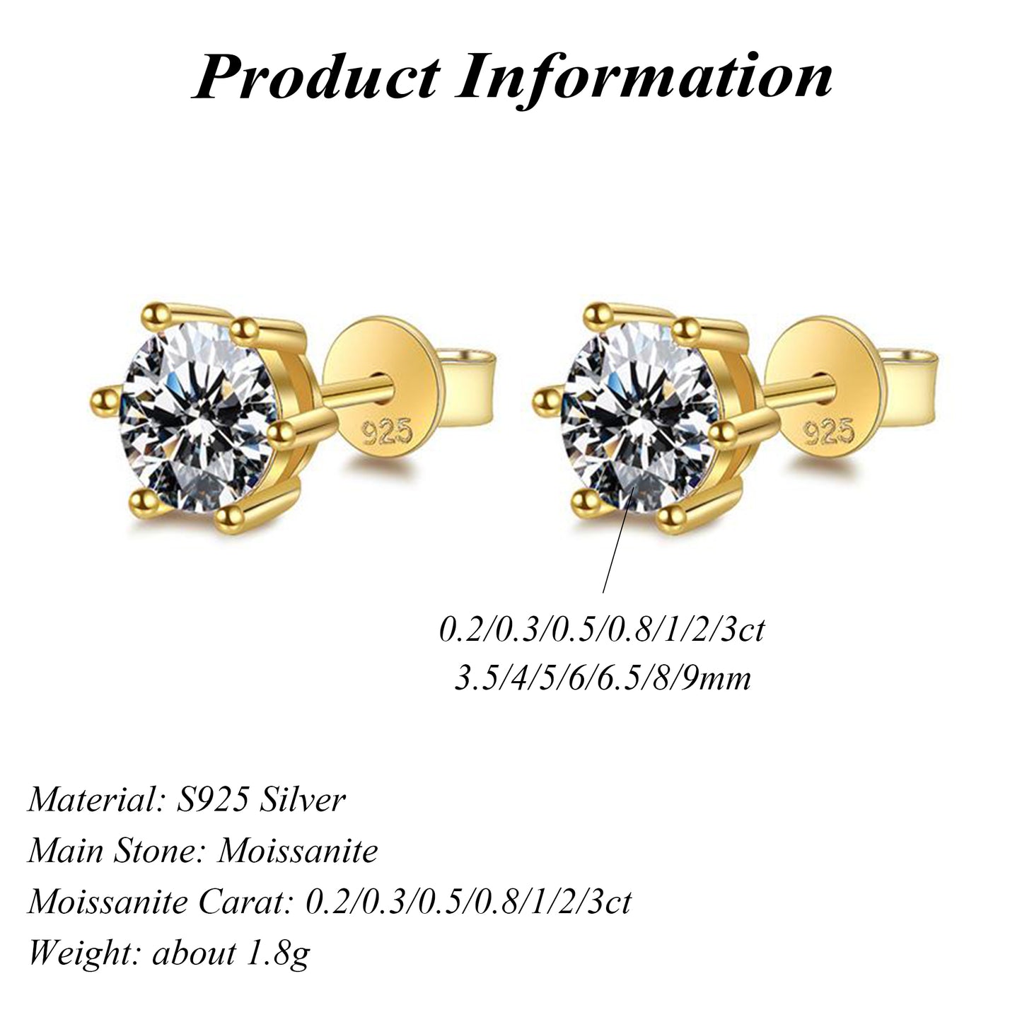 S925 Sterling Silver 18k Gold Plated DEF Round Cut Moissanite Earrings Female