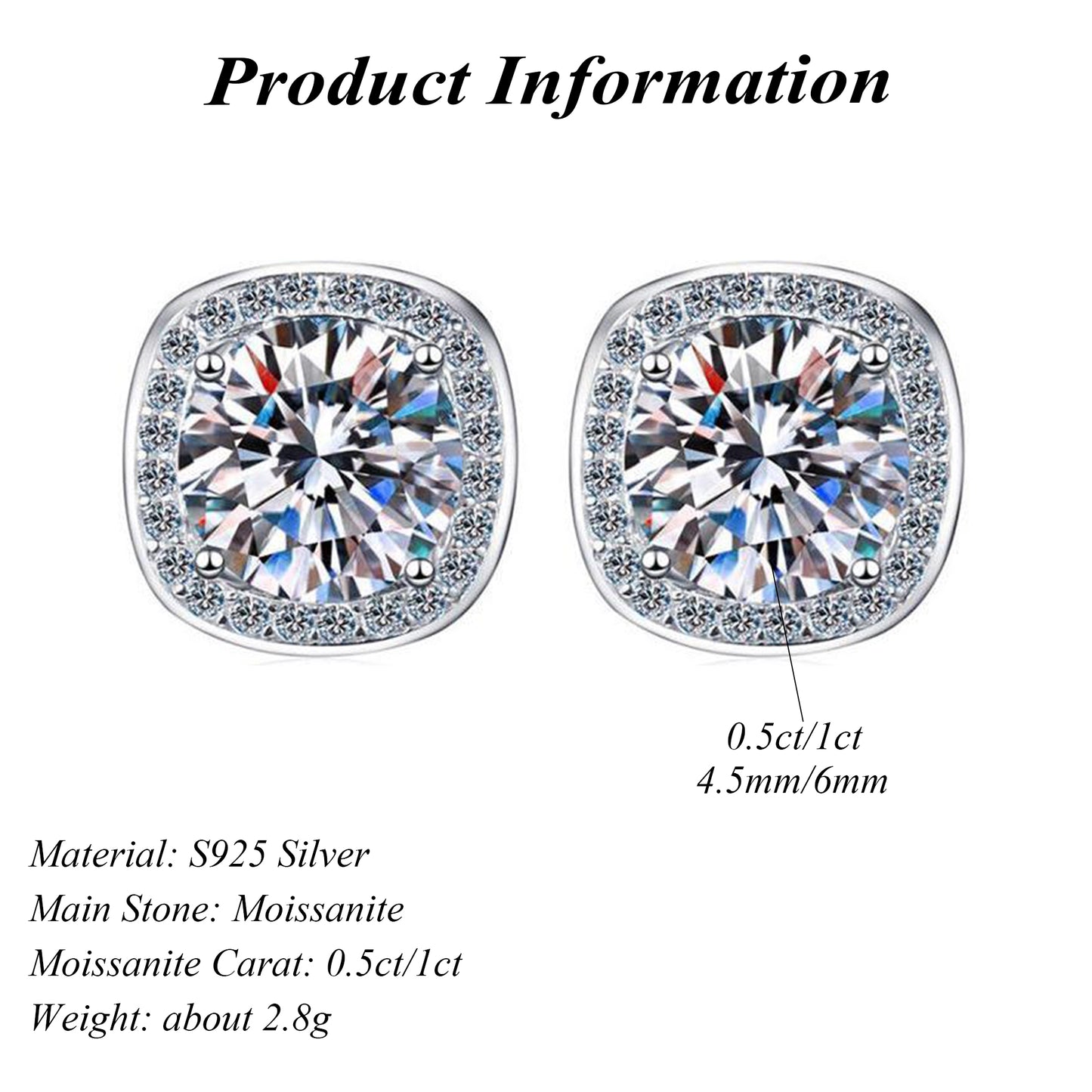 925 Sterling Silver VVS GRA Round Cut Moissanite Stud Earrings 0.5ct/1ct