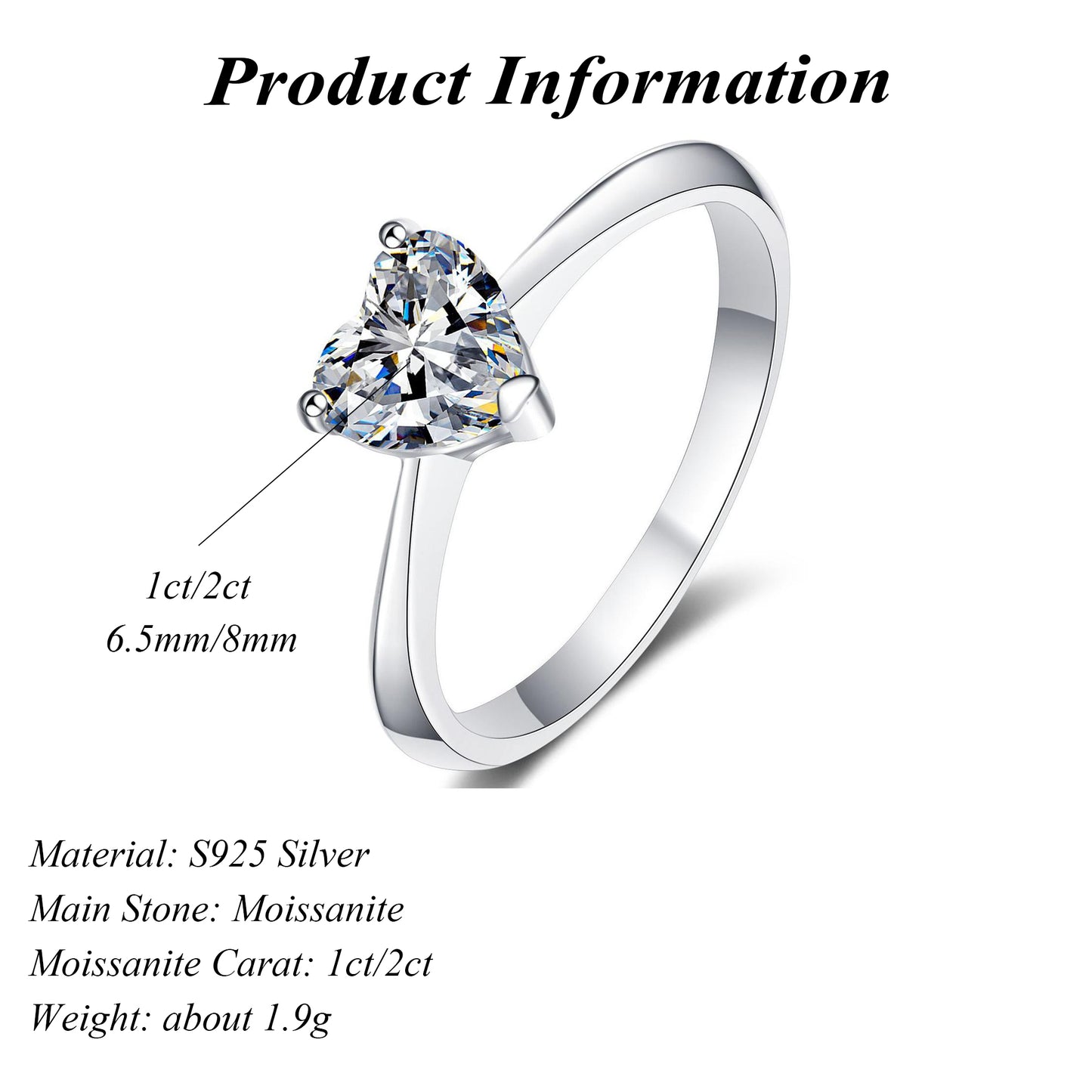 Moissanite 925 Sterling Silver 1-2 Carat Heart Love Ring with Rhodium Plating