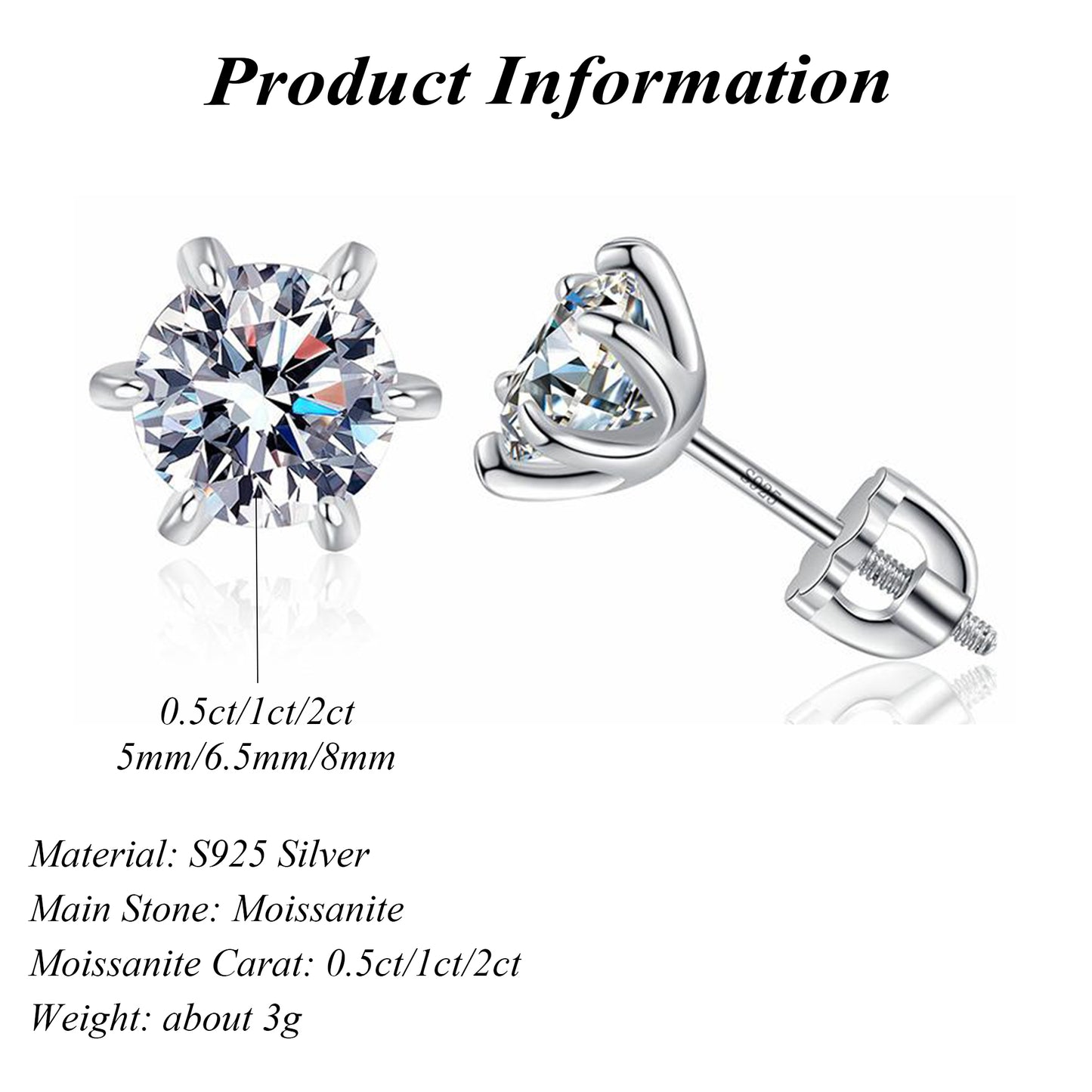 New Arrival DEF 925 Sterling Silver Round Cut Moissanite Stud Earrings
