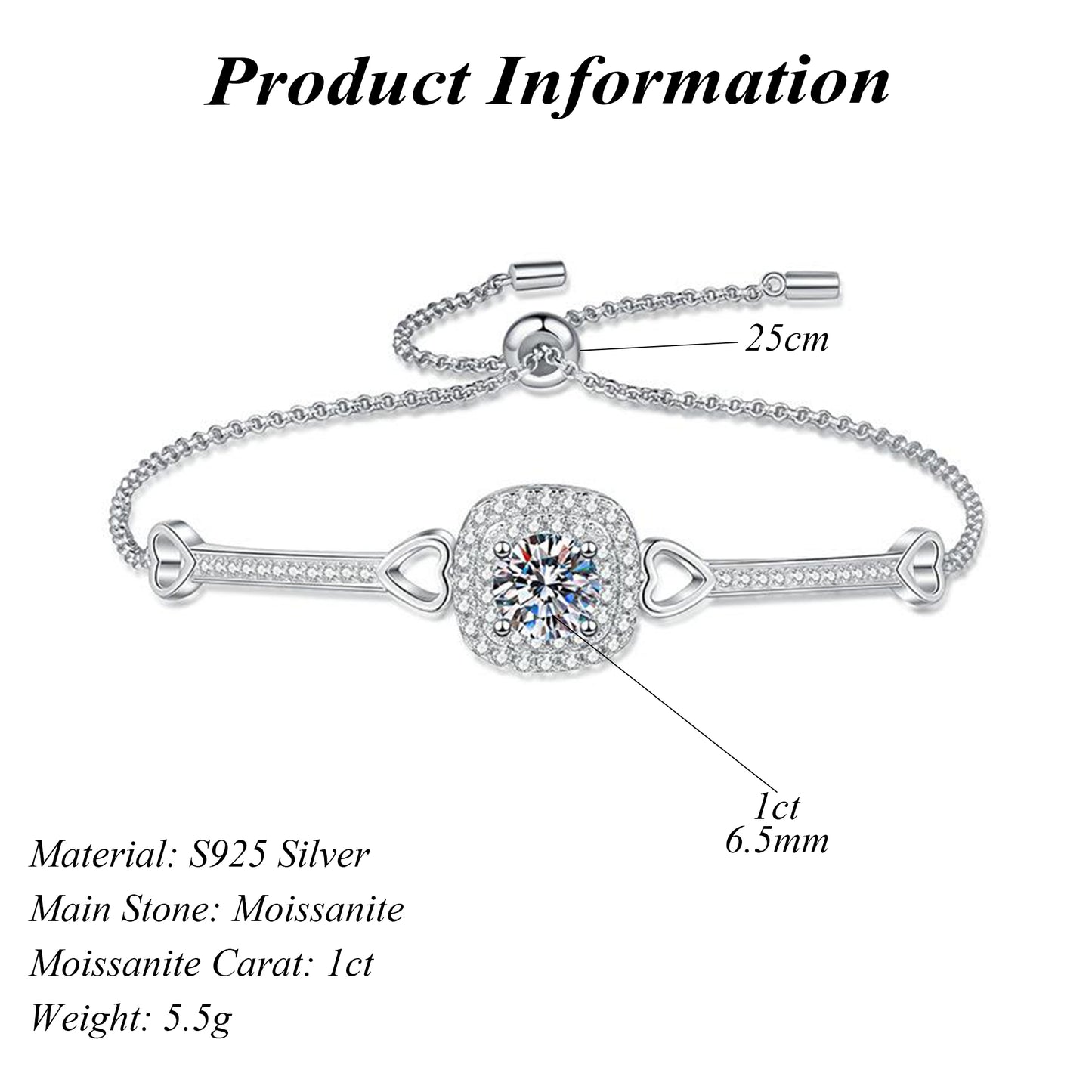 Rhodium Plated S925 Sterling Silver Round Cut Moissanite Bracelet