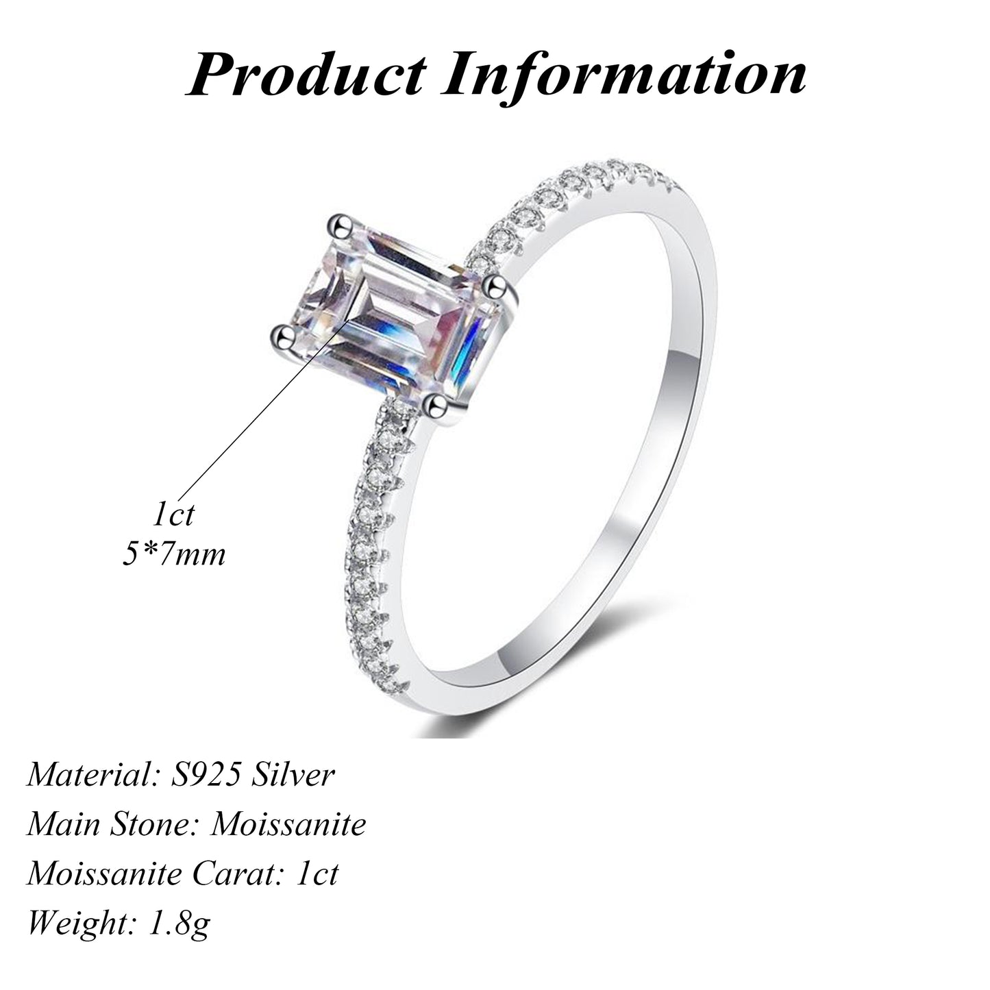 S925 Sterling Silver 1ct Moissanite Ring with Elegant Emerald Cut Radiant Style