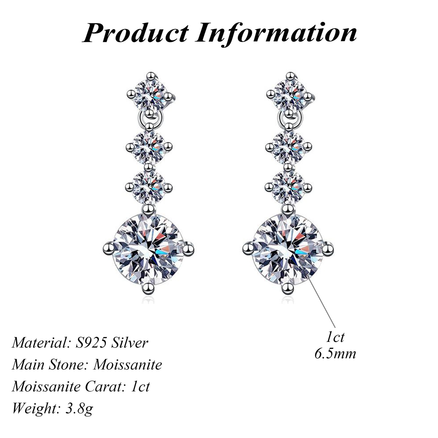 925 Silver Round Cut Moissanite Drop Dangle Earrings 1ct