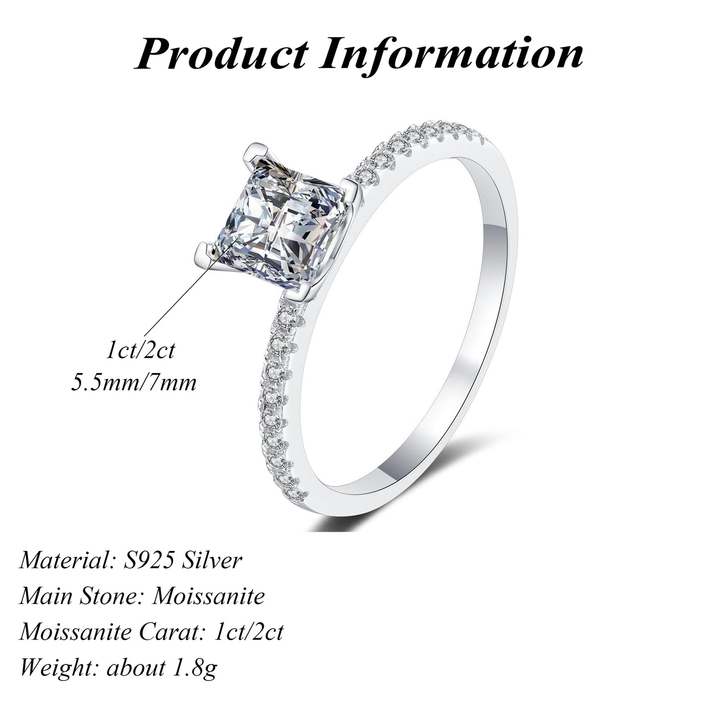 S925 Sterling Silver Moissanite Ring Light Luxury Princess Square