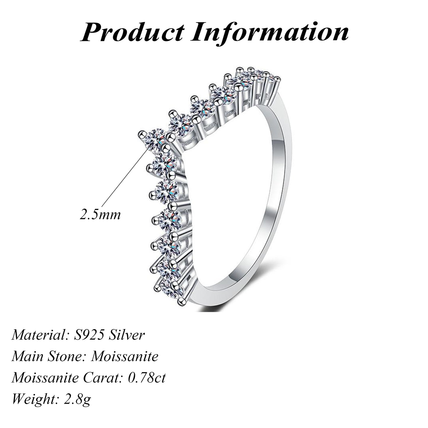 S925 Silver V-Type 0.78ct Round Cut Moissanite Stackable V Shaped Ring Band