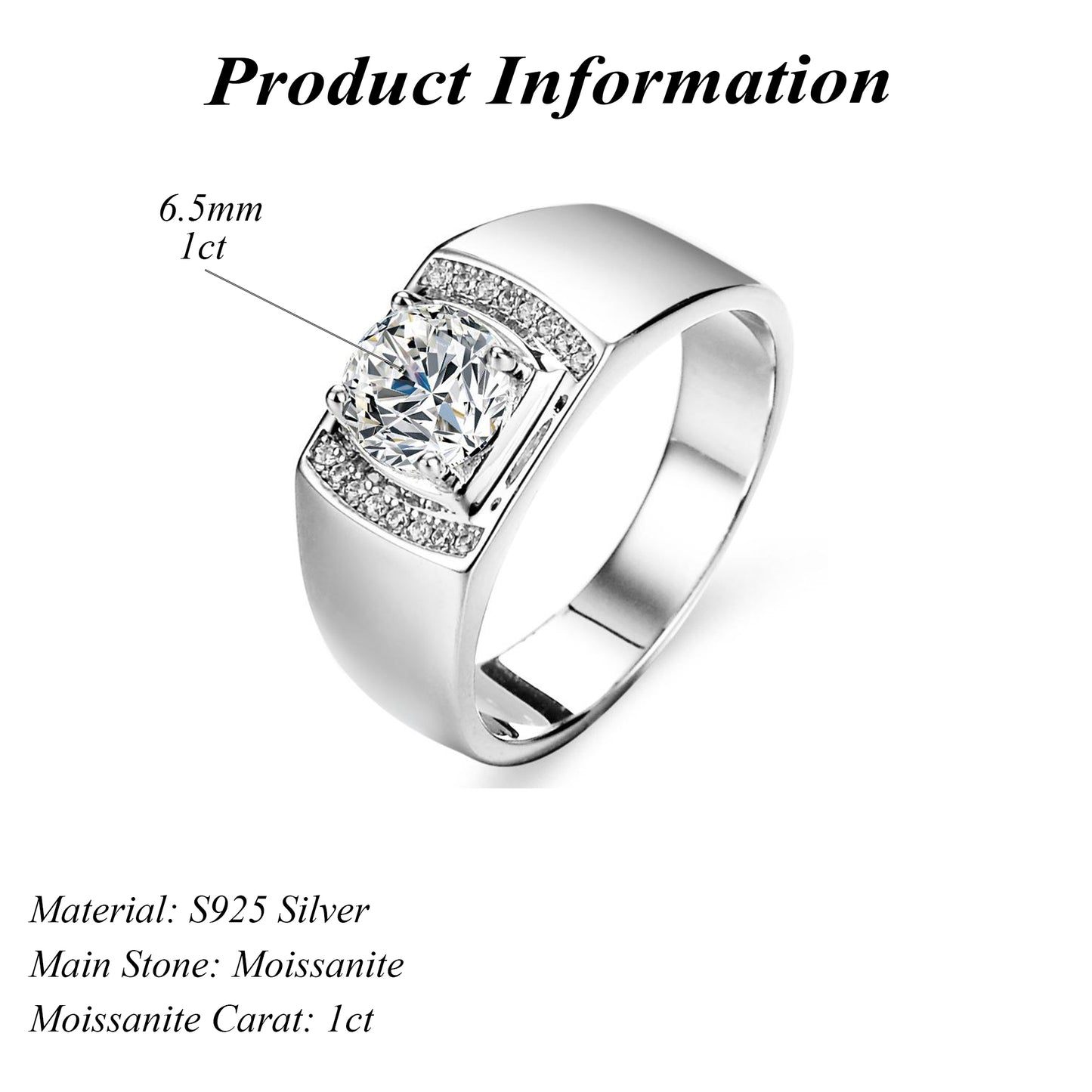 Popular Versatile Men's Jewelry Round Cut 1ct Moissanite Sterling Silver Ring for Men