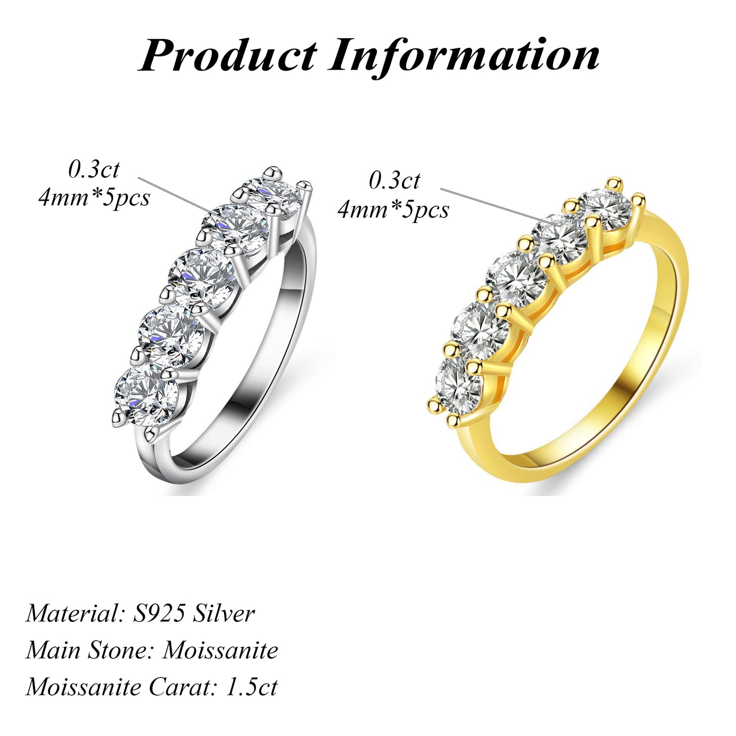 Popular S925 Silver Round Cut Moissanite Ring 1.5ct Eternity Ring Band