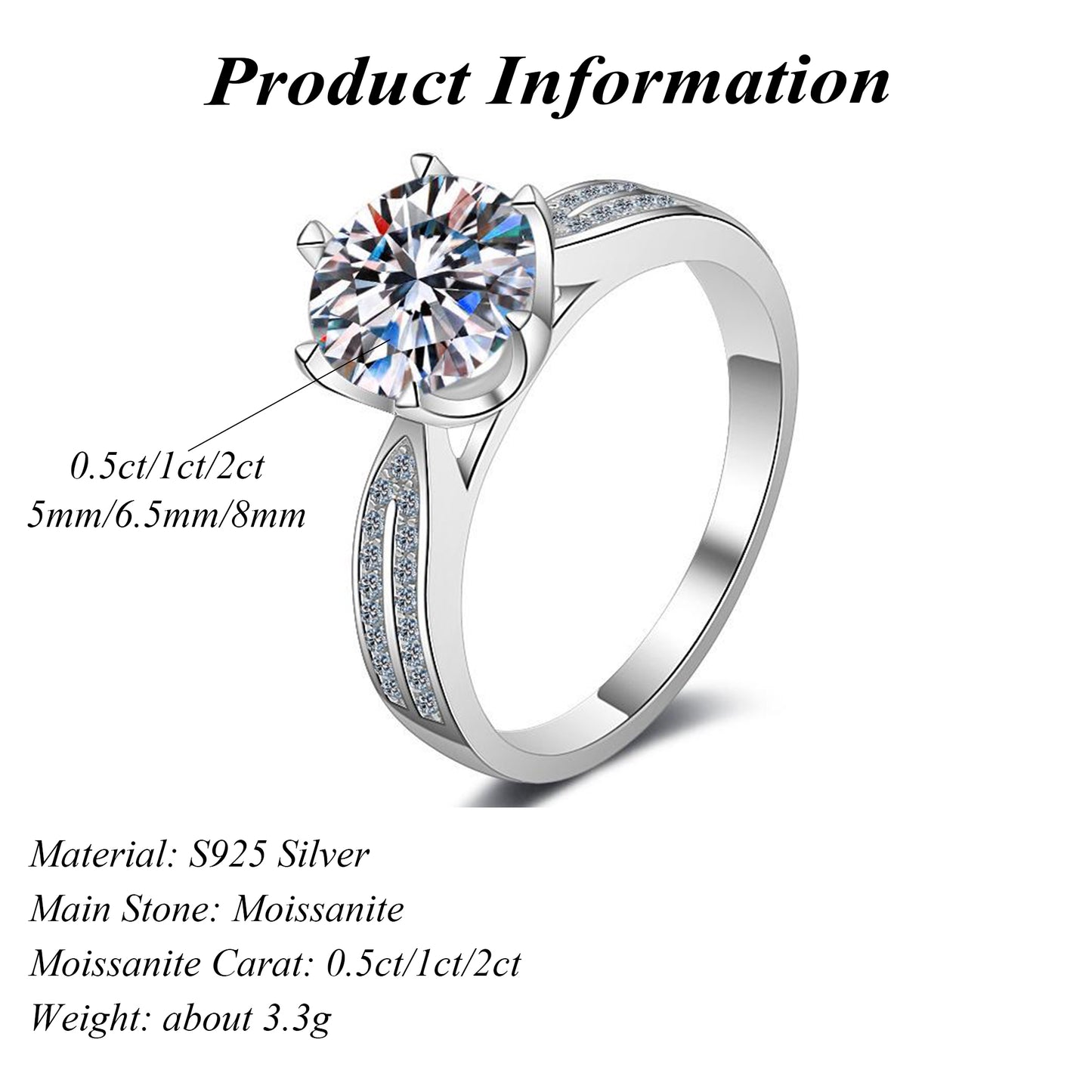 S925 Sterling Silver Premium Round Cut Moissanite Ring 0.5ct/1ct/2ct