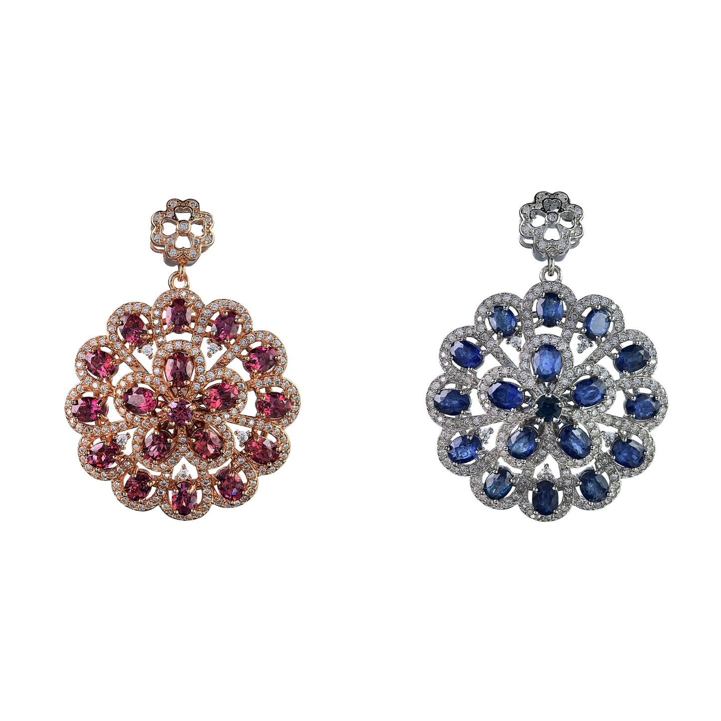 Elegant Rhodium/Rose Gold Plated 925 Silver Natural Pyrope/Sapphire Flower Pendant