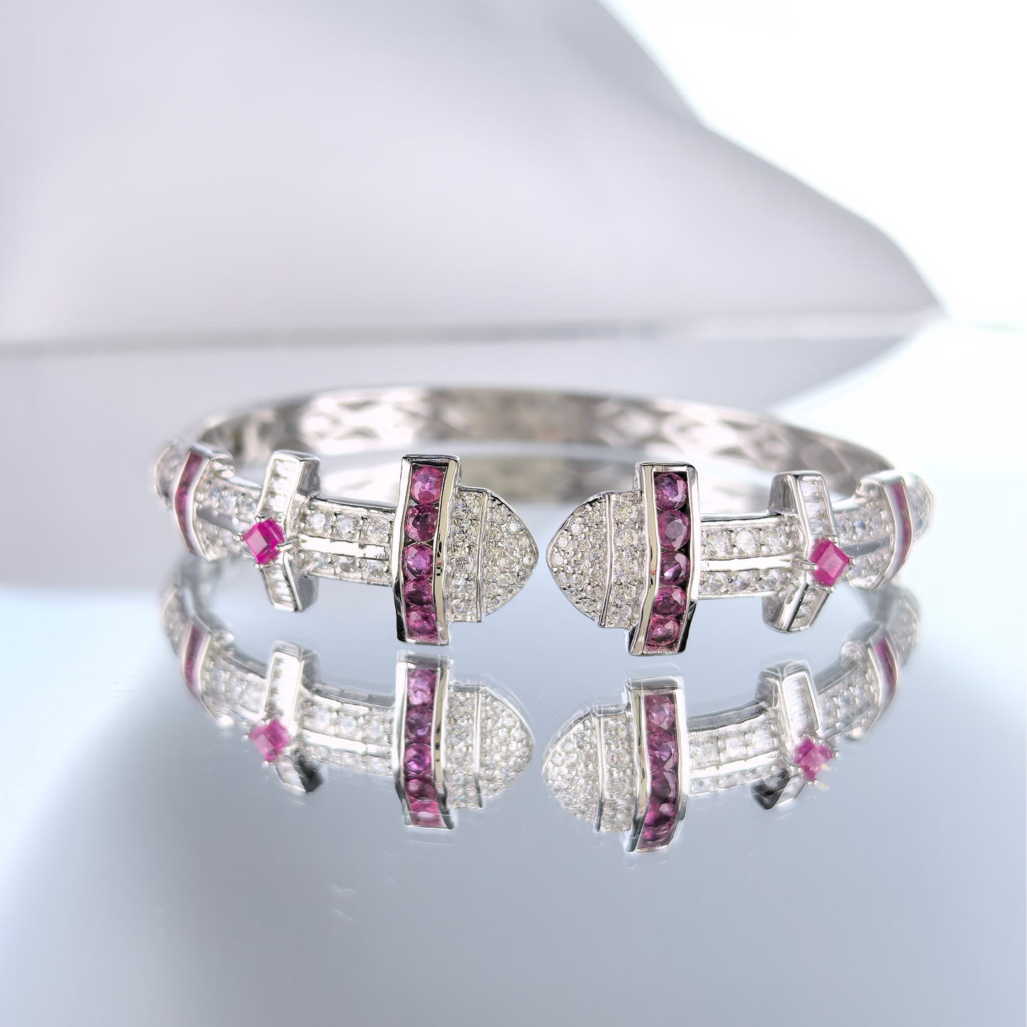 Luxurious 925 Silver Fine Bangle Jewelry Rhodium Plated with Natural Ruby