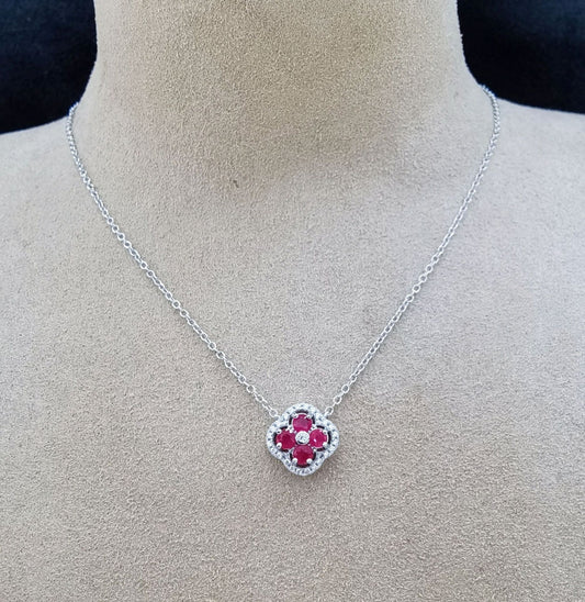 Noble Rhodium & Silver 925 Fine Jewelry Necklace Natural Ruby Four Leaf Clover