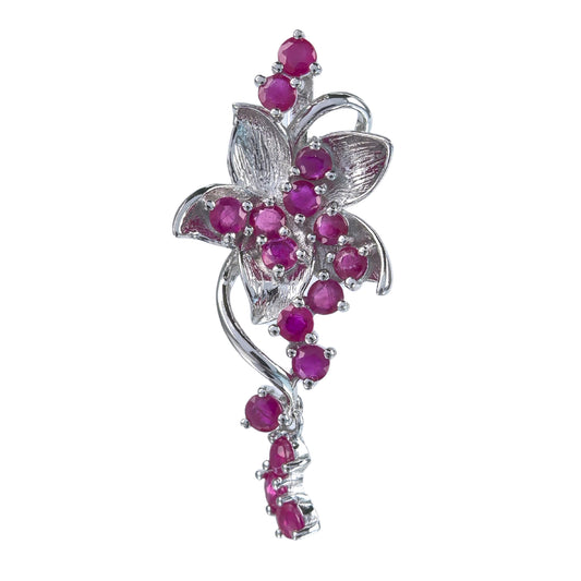 Luxurious Rhodium Plated Silver 925 Jewelry Natural Ruby Flower Pendant