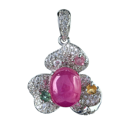 Elegant Rhodium Plated 925 Silver Jewelry Glassfilled Ruby Flower Pendant
