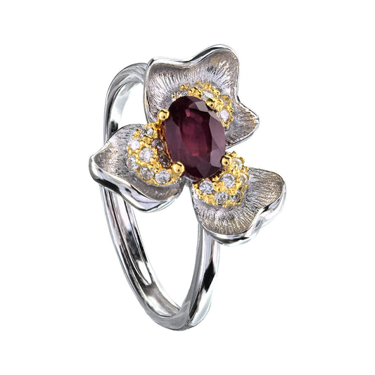 Elegant Dual Color Plated Silver 925 Jewelry Natural Ruby Flower Ring
