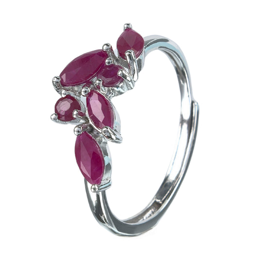 Graceful Rhodium Plated Silver 925 Jewelry Natural Ruby Leaf Ring