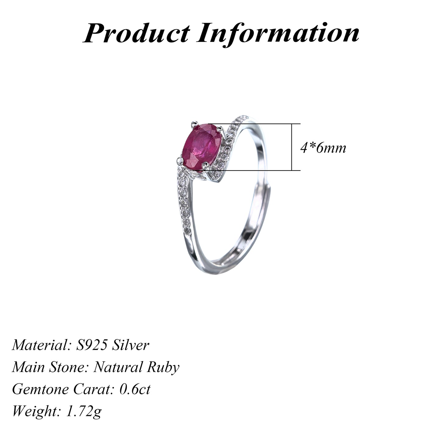 Elegant Rhodium Plated 925 Sterling Silver Natural Ruby Ring