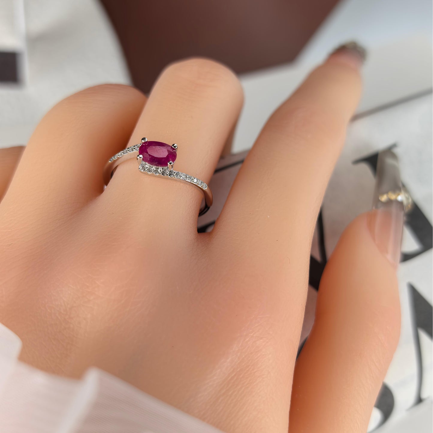 Elegant Rhodium Plated 925 Sterling Silver Natural Ruby Ring
