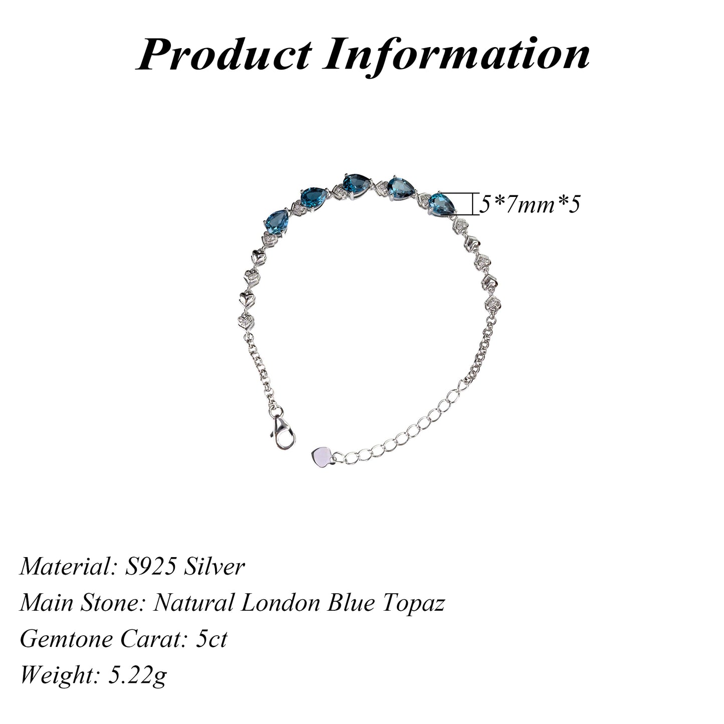 Elegant Rhodium Plated Silver 925 Jewelry Natural London Blue Topaz Bracelet