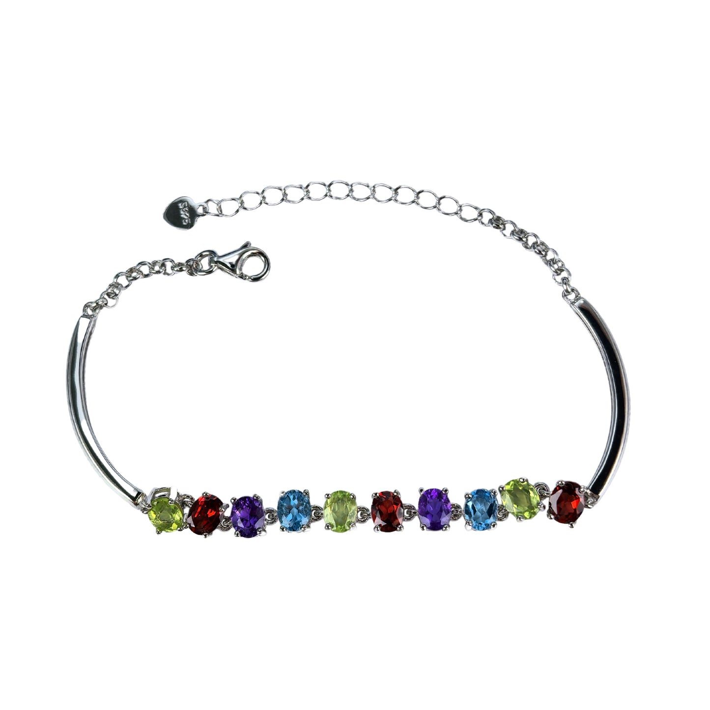 Exquisite Rhodium Plated Silver 925 Jewelry Multiple Natural Gemstone Bracelet