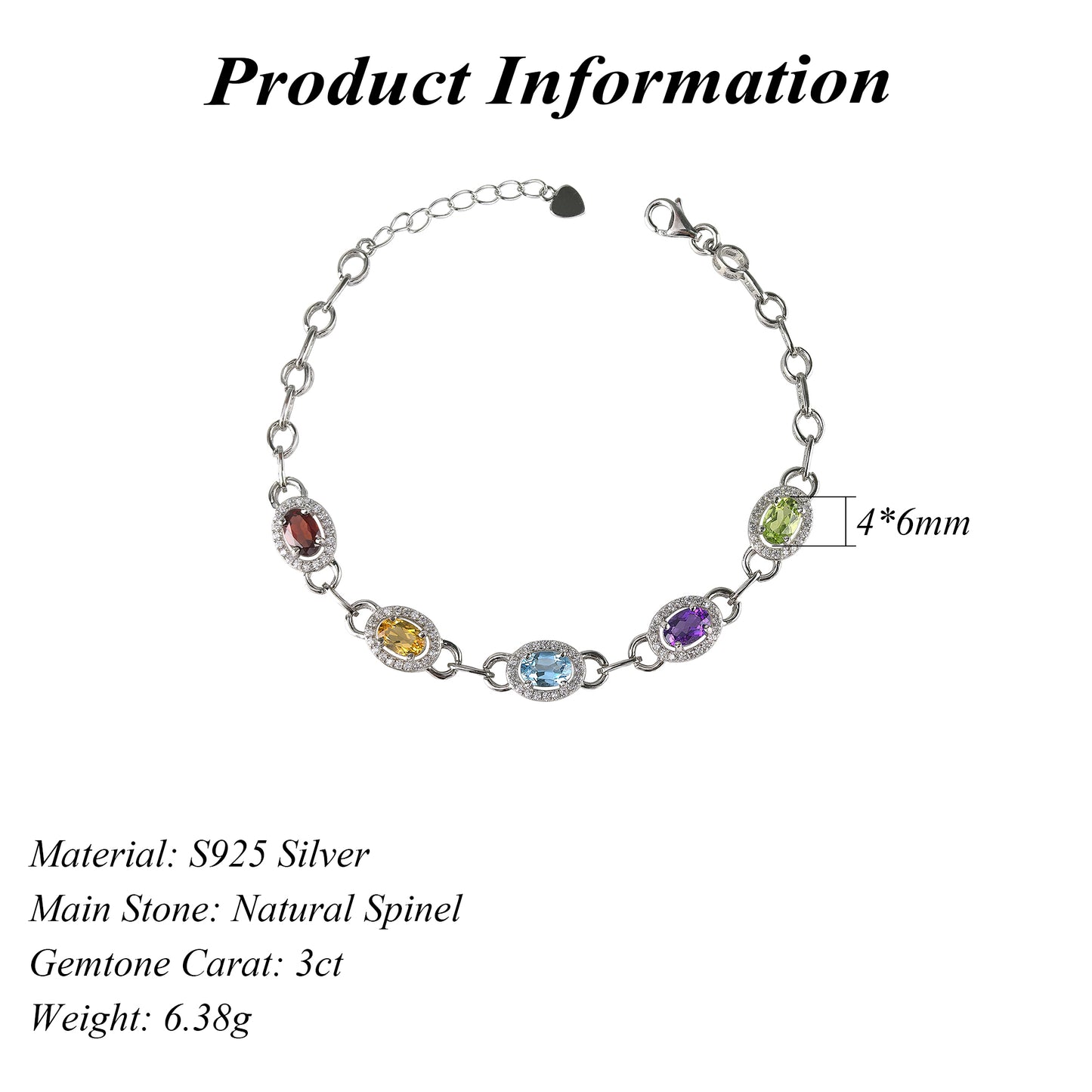 Dazzling Rhodium Plated Silver 925 Jewelry Multiple Natural Gemstone Bracelet