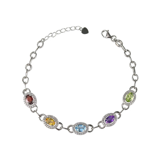 Dazzling Rhodium Plated Silver 925 Jewelry Multiple Natural Gemstone Bracelet