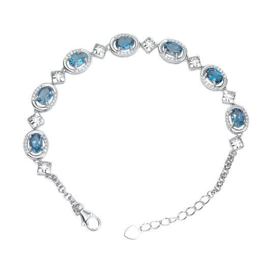 Women's Exquisite Rhodium Plated 925 Silver Bracelet with Natural London Blue Topaz Fine Jewelry for Parties and Gifts