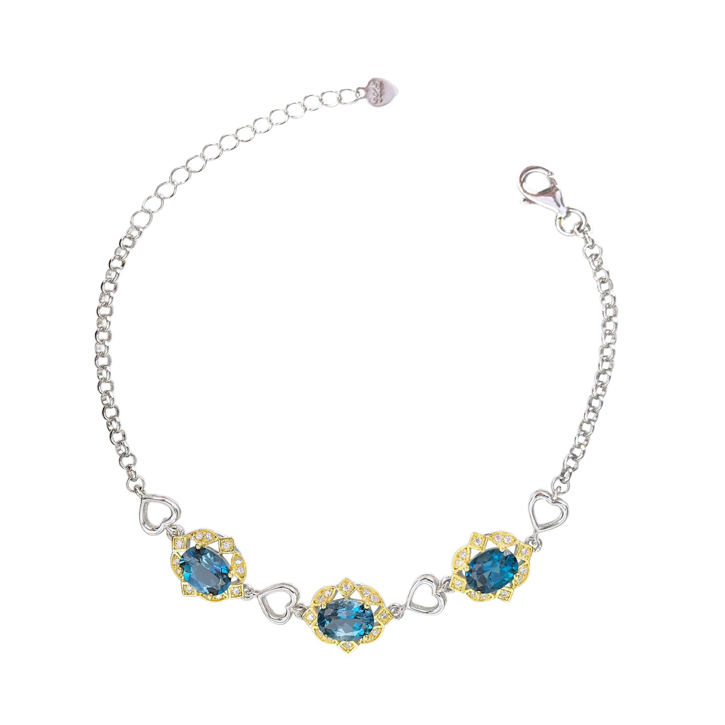 Dual Color Plated Heart Shaped 925 Silver Natural London Blue Topaz Bracelet