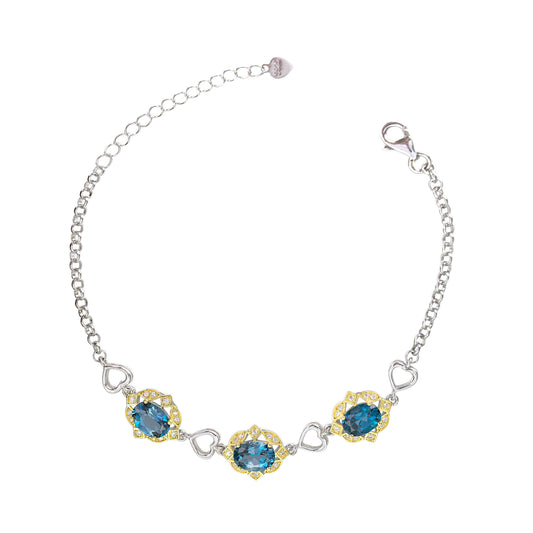 Dual Color Plated Heart Shaped 925 Silver Natural London Blue Topaz Bracelet
