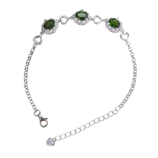 Elegant Rhodium Plated 925 Silver Natural Diopside Bracelet
