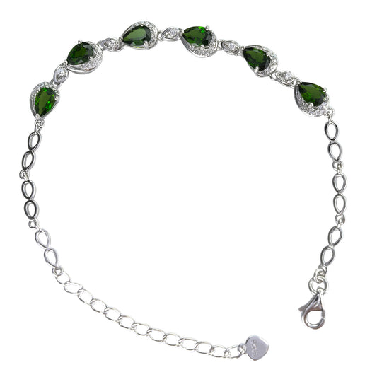 Delicate Rhodium Plated 925 Silver Jewelry Natural Diopside Bracelet
