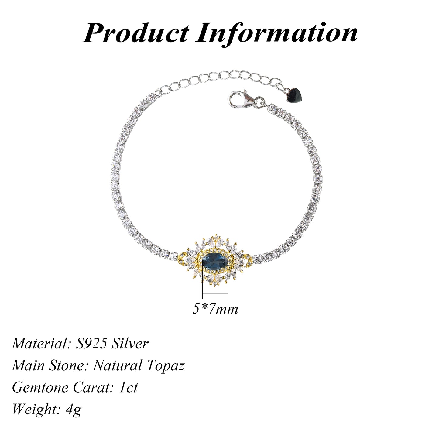 Brilliant Rhodium Plated Sterling Silver 925 Natural London Blue Topaz Bracelet