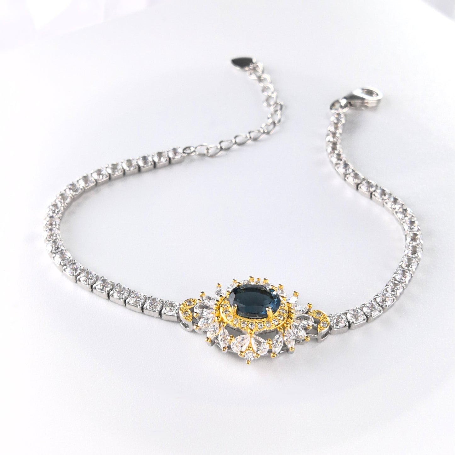 Brilliant Rhodium Plated Sterling Silver 925 Natural London Blue Topaz Bracelet