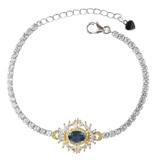 Brilliant Rhodium Plated Sterling Silver 925 Natural London Blue Topaz Bracelet