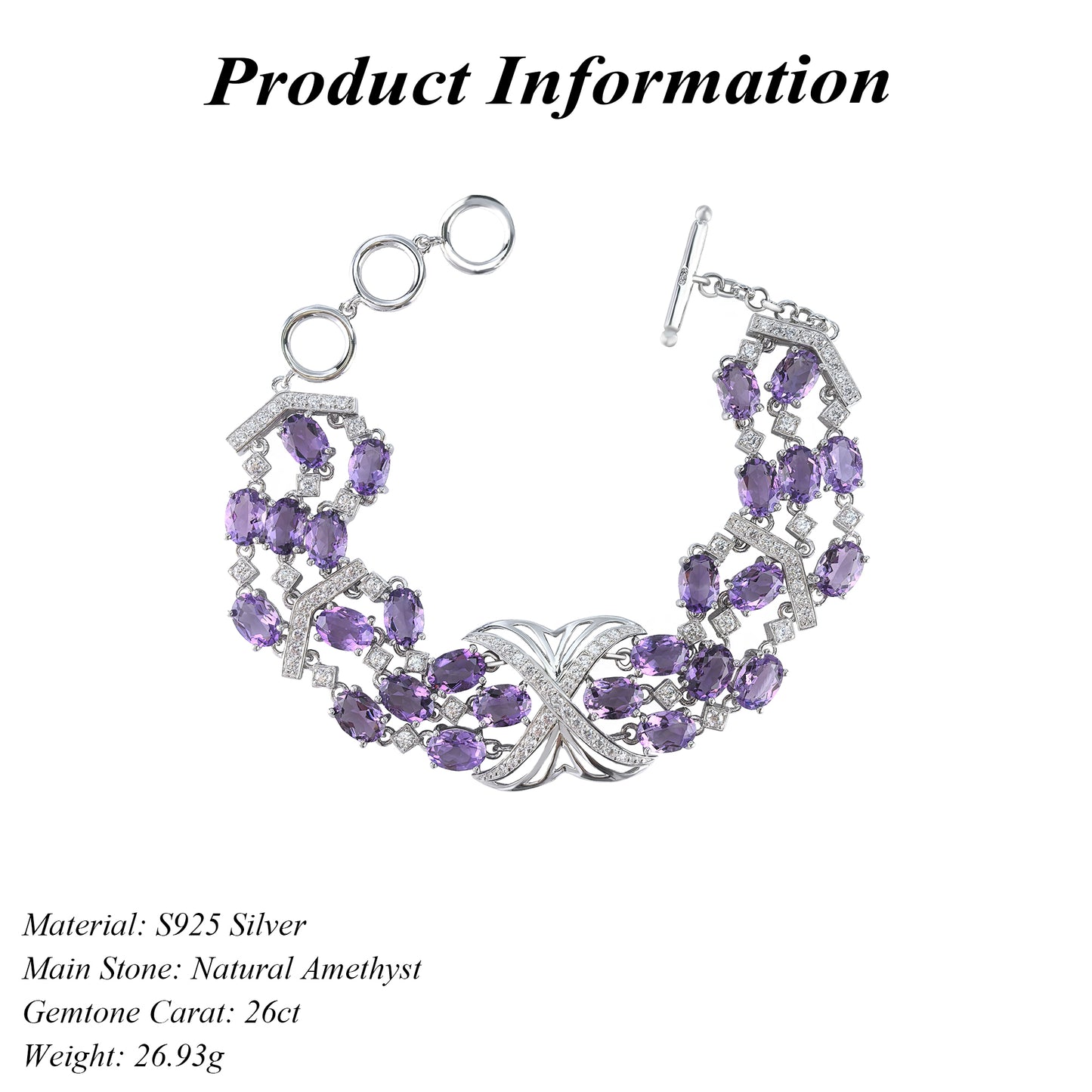 Luxurious Rhodium Plated Silver 925 Jewelry Natural Amethyst Bracelet