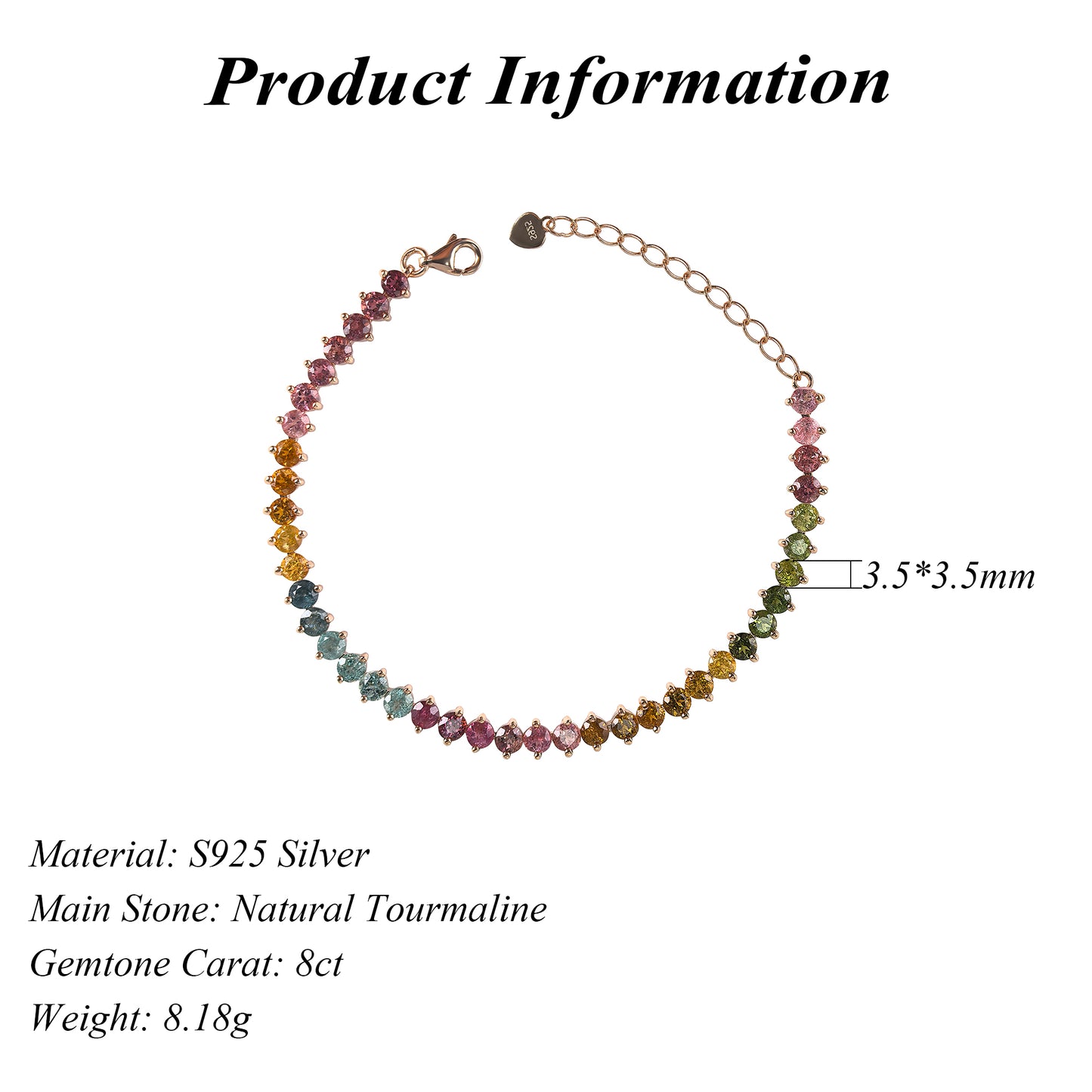 Charming Rhodium/Rose Gold Plated Silver 925 Natural Tourmaline Bracelet